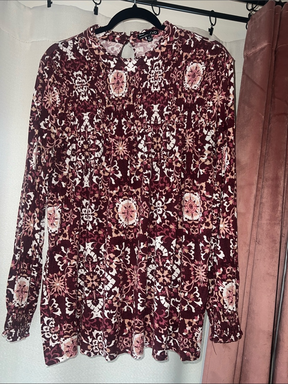 RXB Burgundy Floral Long-Sleeve Blouse Dress Plus Size 1X